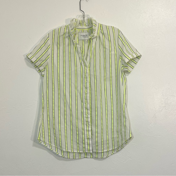 Rochelle Behrens The Shirt Short Sleeve Ruffled Collar Fluorescent Stripe Top - Picture 2 of 12